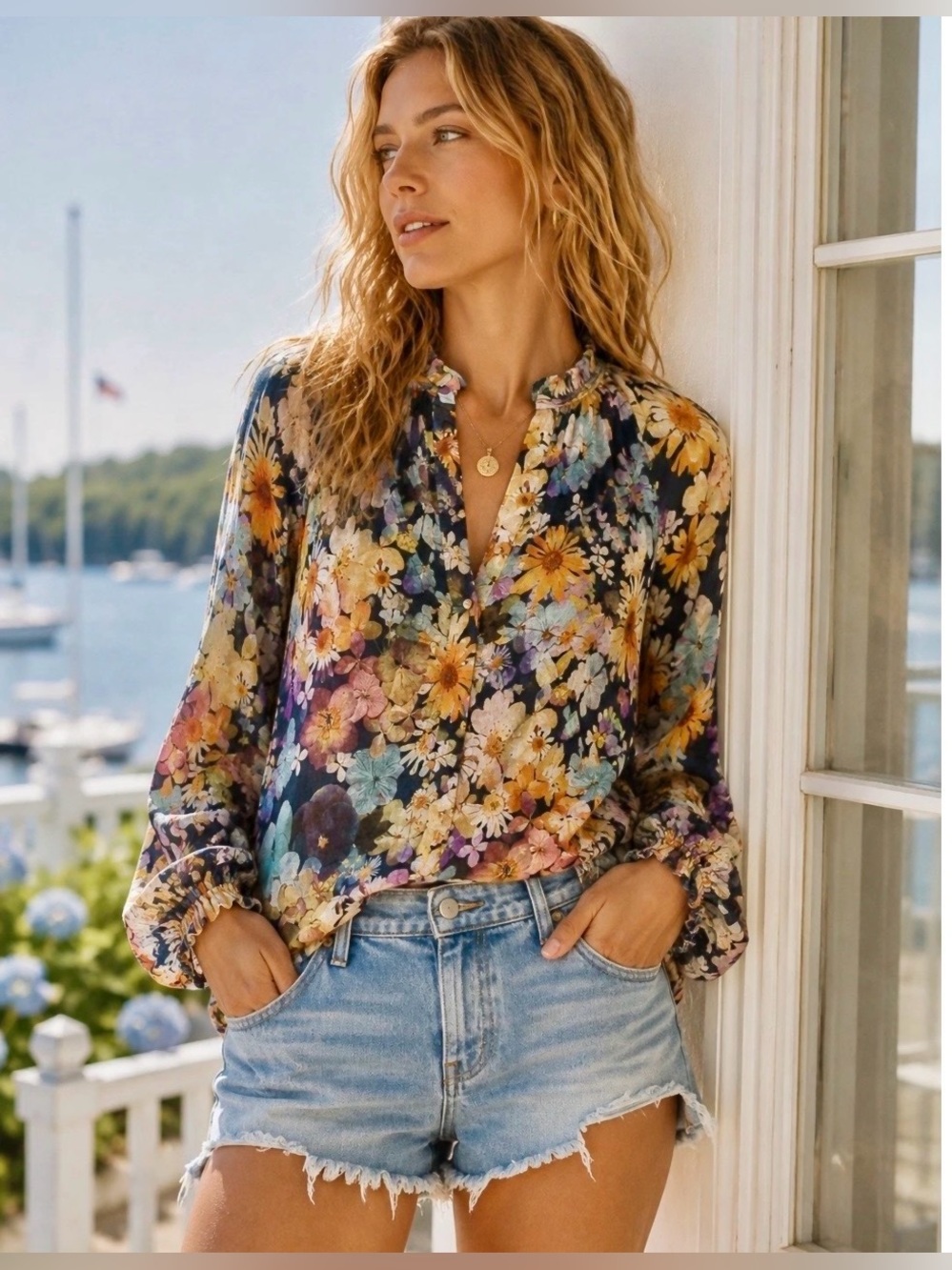 Maeve Moxy Collective Floral Ruffle-Neck Linen Blouse Large